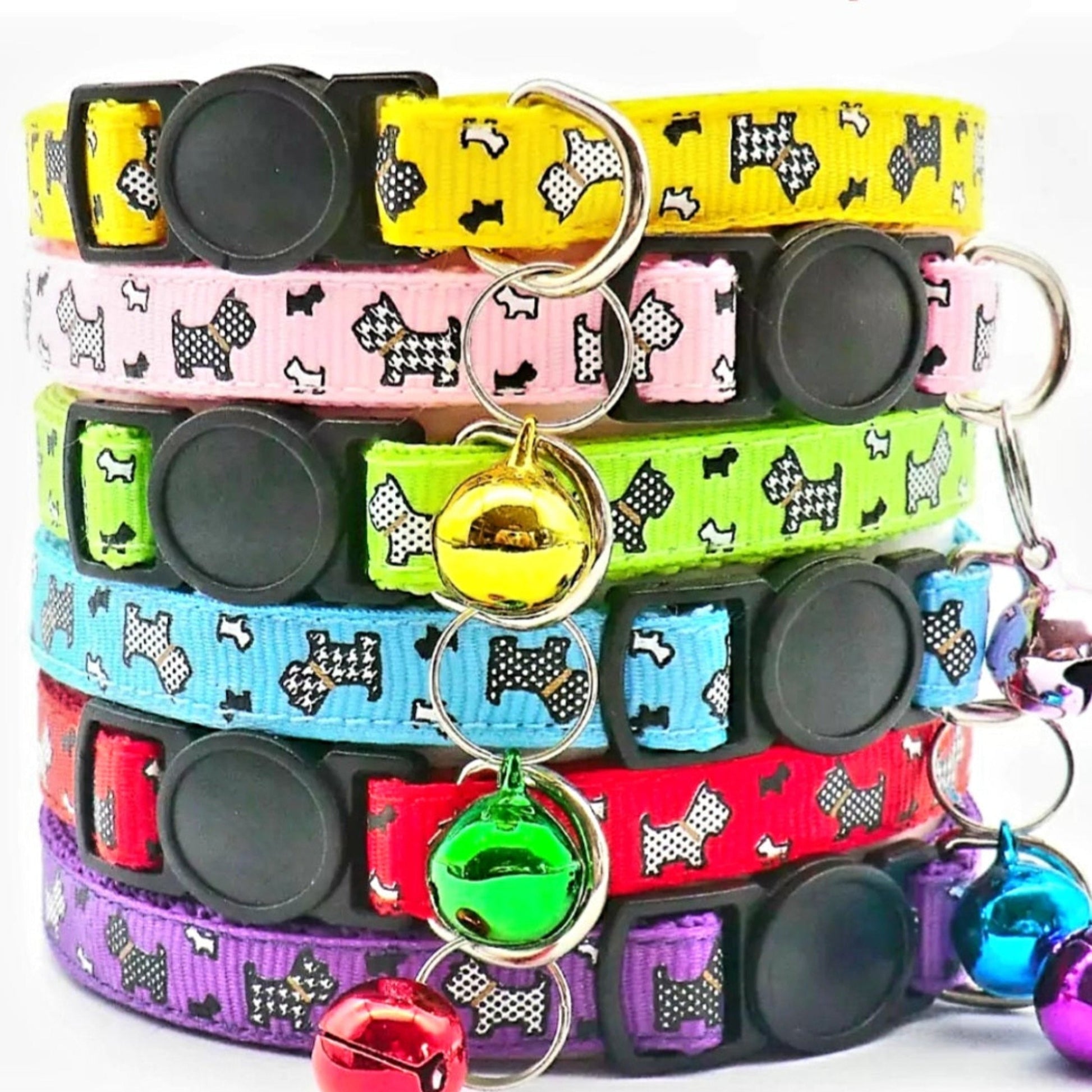 Colorful dog collars with bell charms on a white background