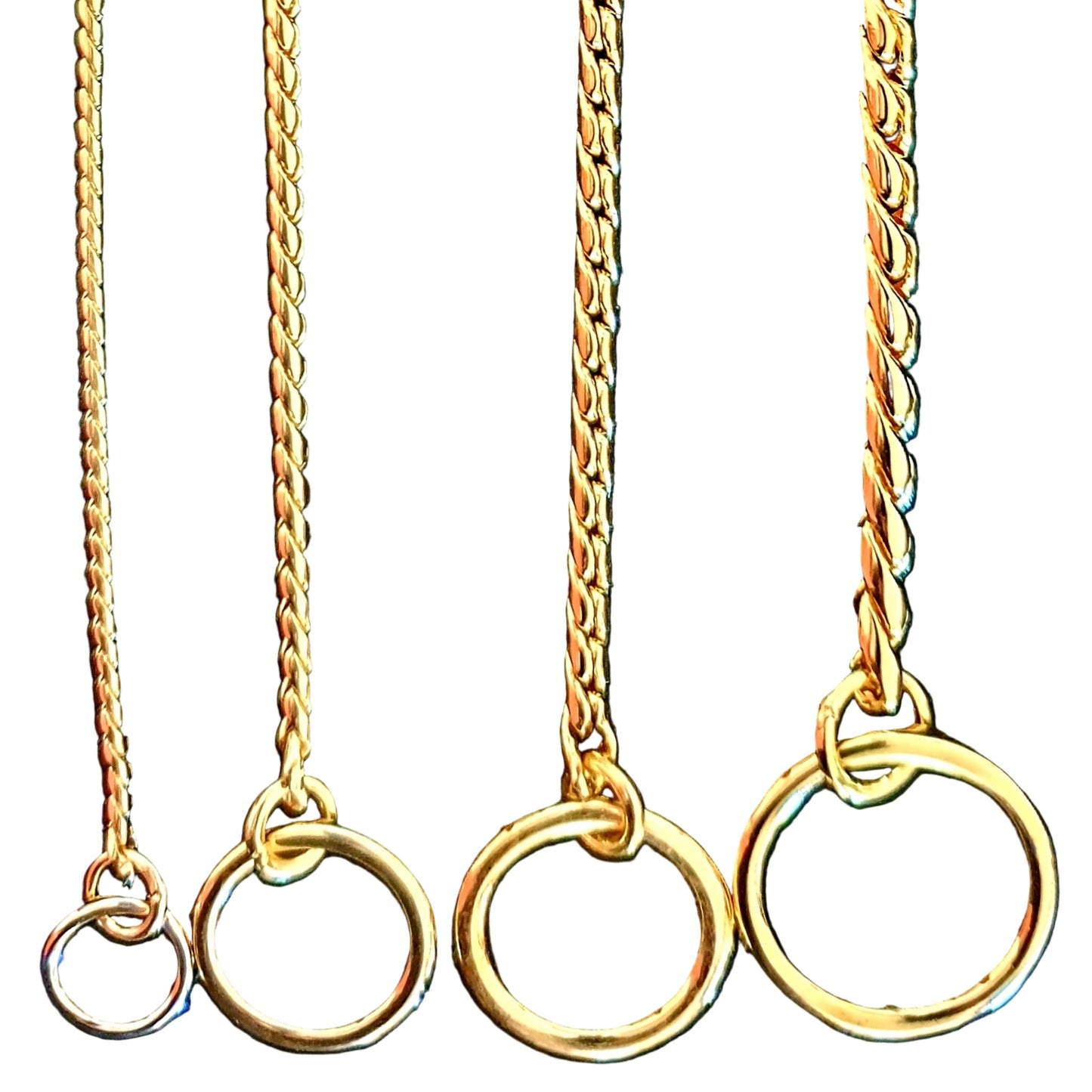 Gold snake chains for dog showing  on a white background