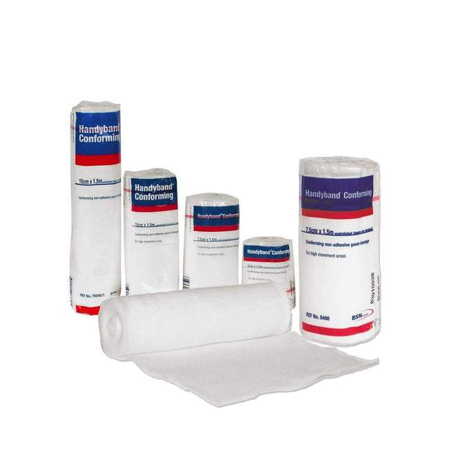 A set of Handyband Conforming elastic bandages in various sizes, packaged in white and blue containers with red text, alongside a rolled bandage outside the packaging.