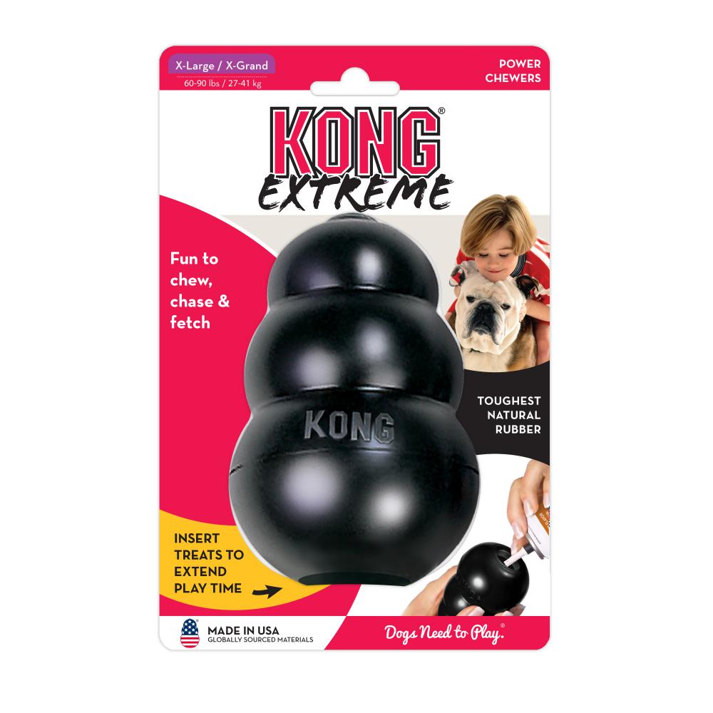 Packaging for KONG Extreme rubber chew toy, featuring a black rubber chew in front of the package with a small dog and a larger dog version shown behind it. The package includes text detailing product features and is marked as made in USA.