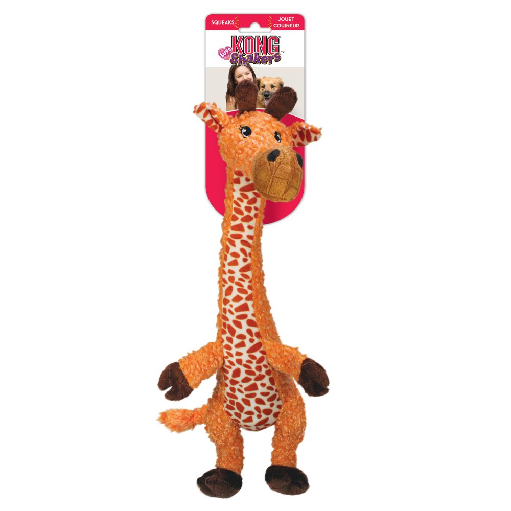 A plush KONG Shakers Luvs Giraffe toy with an extended body, arms, and legs, designed for dog play. The toy is featured with a squeaker inside and is packaged on a card with the KONG Shakers branding.