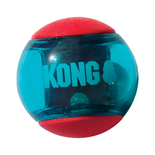 A KONG Squeezz Action Ball with red and blue colors and the KONG brand logo visible on it.