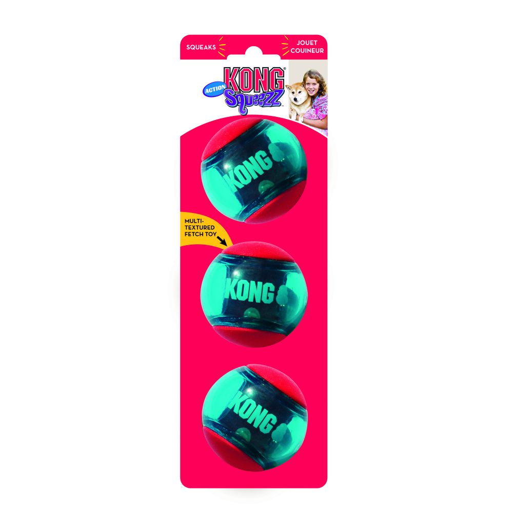 A pack of three KONG Squeezz Action Balls