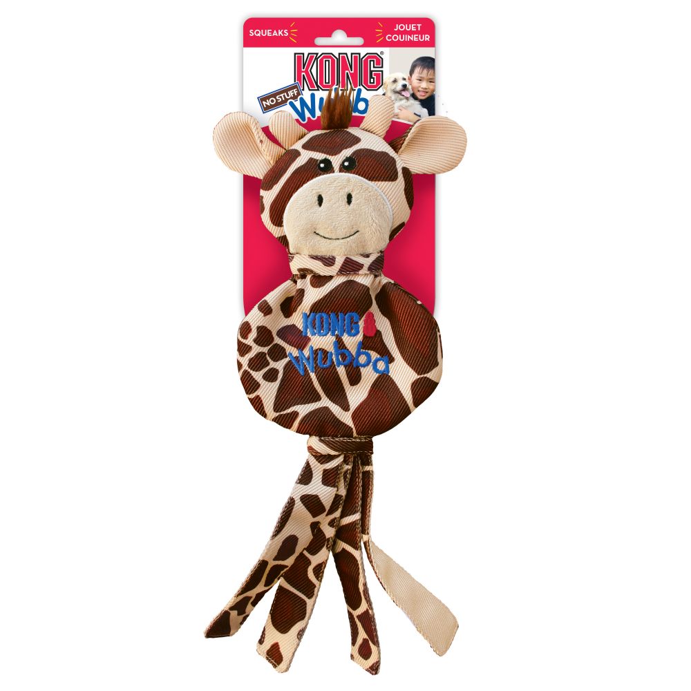 A KONG Wubba No Stuff Giraffe dog toy on a white background