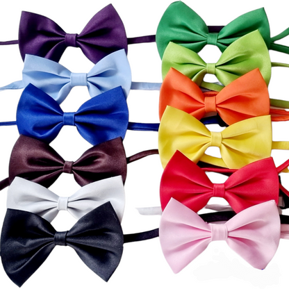 A collection of 13 colorful bow ties arranged in a 3x4 grid with a white background.
