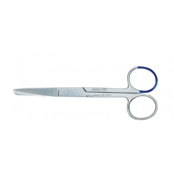 A straight blunt sharp scissors with a blue grip, 13cm in length.