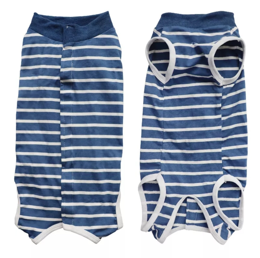 Recovery Suit Dog - Blue Stripe Snap Button