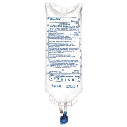A Baxter brand water for injection IV bag, 1000mL, with a blue cap, labeled as sterile and preservative-free.