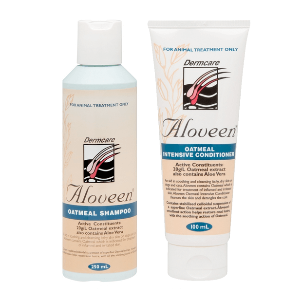 aloveen oatmeal shampoo and conditioner on a white background