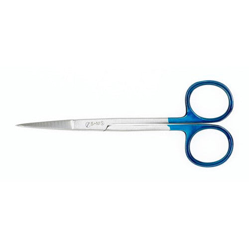 A pair of sterile iris scissors with blue handles and a straight stainless steel blade.