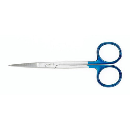 A pair of sterile iris scissors with blue handles and a straight stainless steel blade.