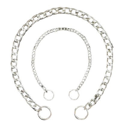 A flat link chrome show chain with rings on both ends, displayed against a white background.