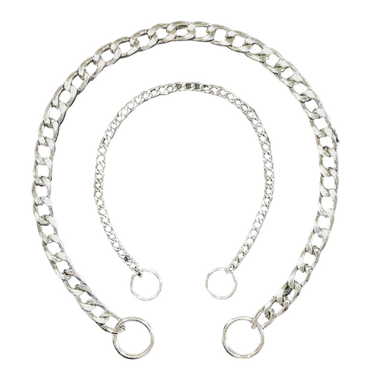A flat link chrome show chain with rings on both ends, displayed against a white background.