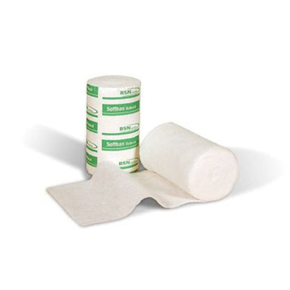 A roll of Soffban Natural orthopaedic padding with part of the padding partially unrolled, alongside its packaging.