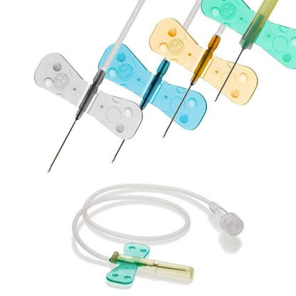 A collection of Terumo Surflo IV catheter winged infusion sets in various colors, with a needle and a flexible tube attached to each set.